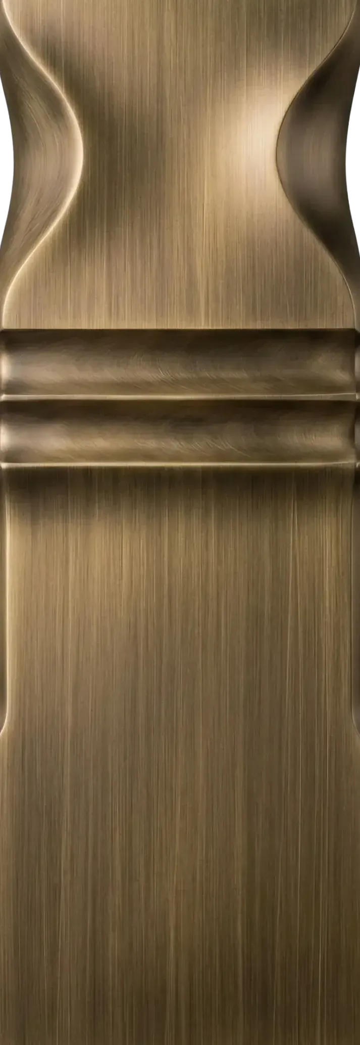 Vertical Blackened Hairline Brushed Brass finish sample with warm brass tone, fine brushed lines, darkened surface, and soft satin sheen