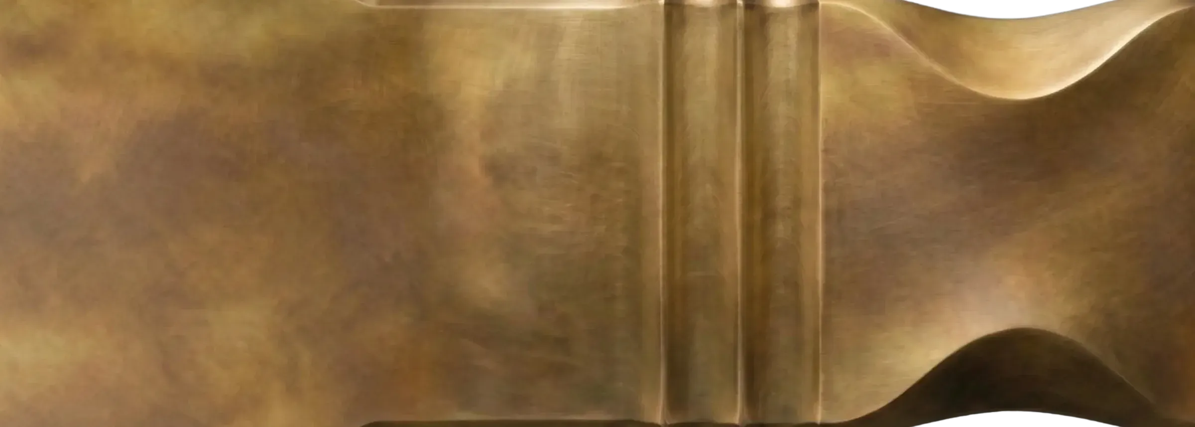 Wide Cloudy Blackened Brass finish sample with warm brass tone, soft blackened patina clouds, brushed texture, and sculptural profile detail