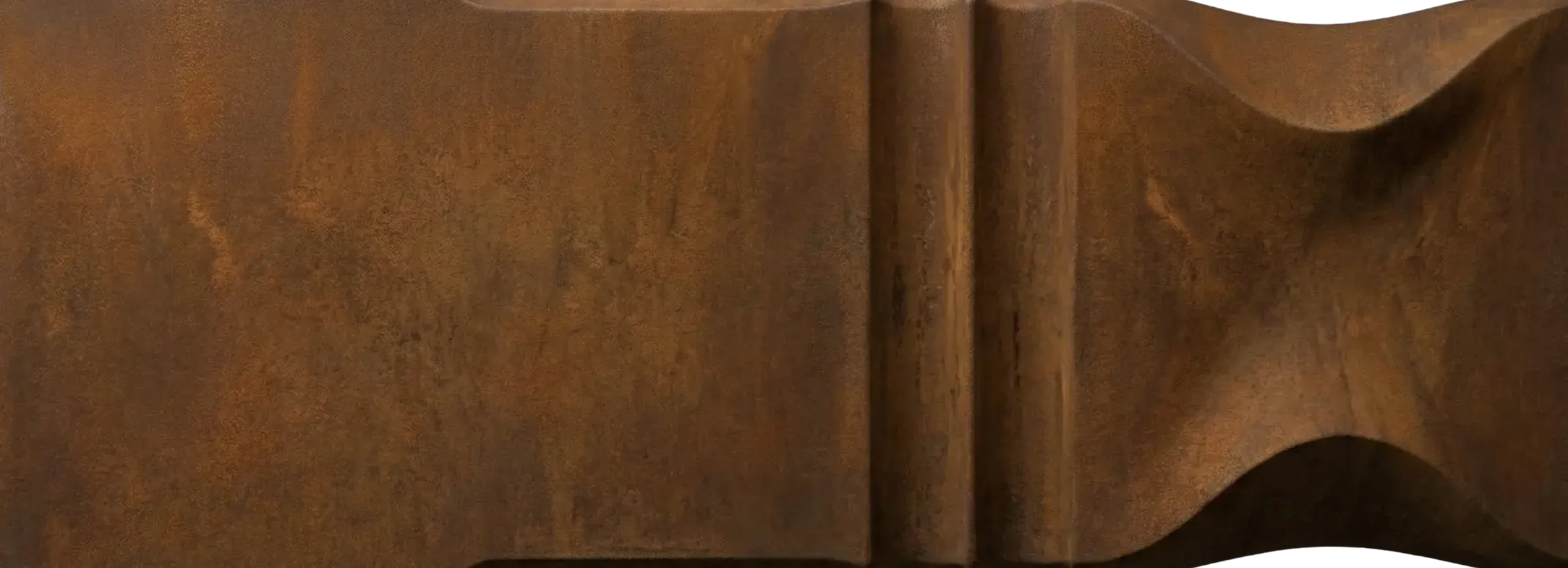 Corten Steel liquid metal finish sample by Modulux with dark weathered-steel tone, muted rust-brown movement, and sculpted architectural profile.