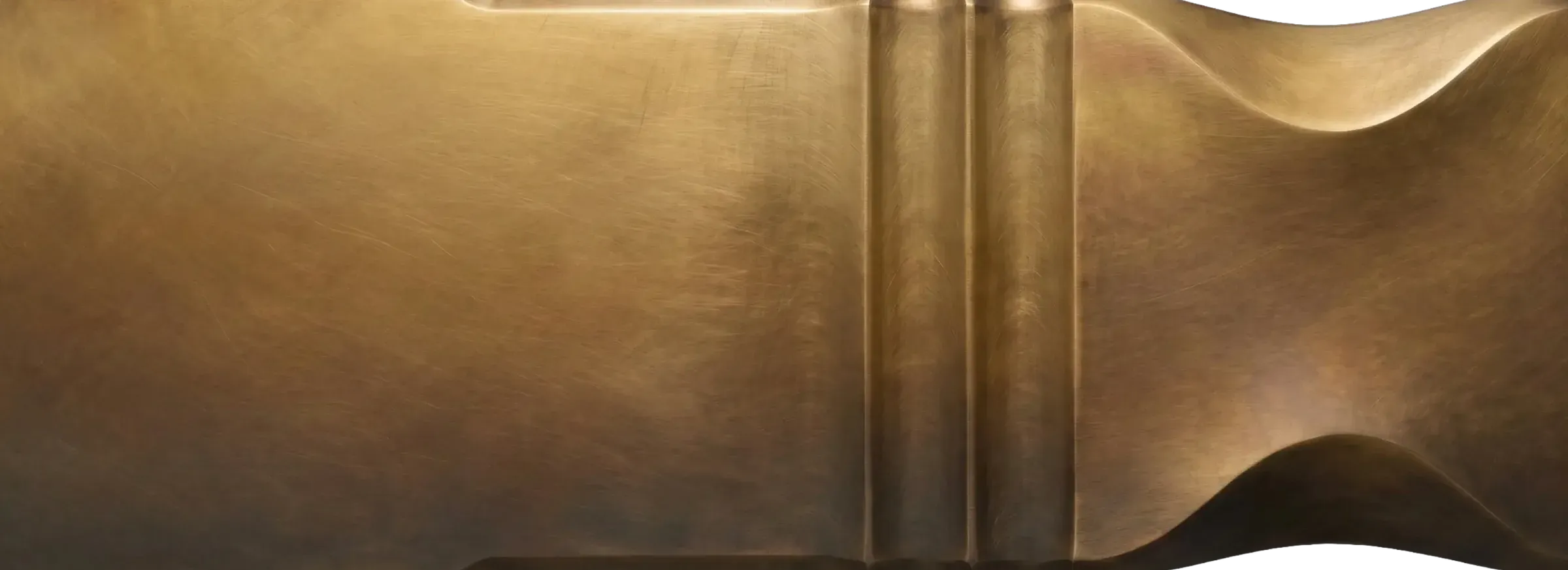 Wide Ombre Patina Brass sculptural sample with warm brass surface, darkened patina gradient, brushed texture, and curved architectural geometry