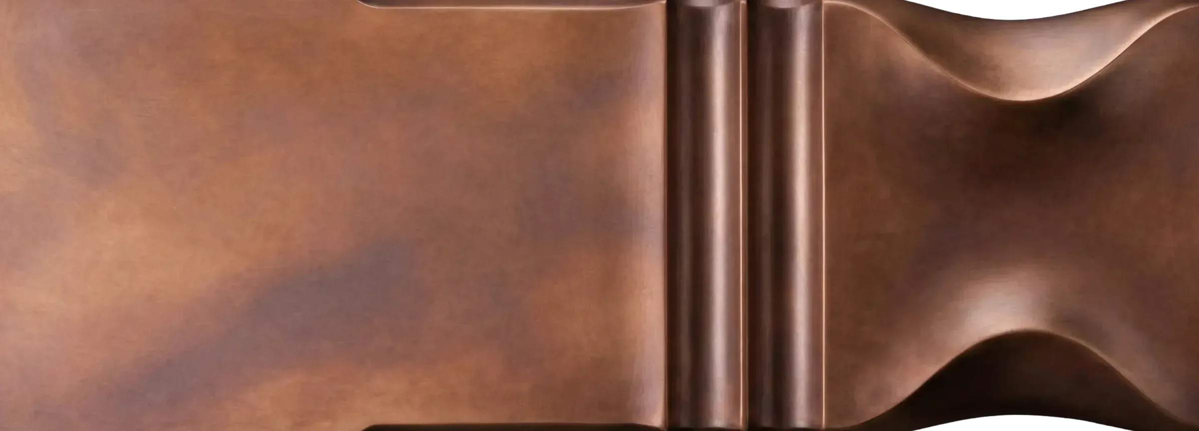 Smoked Patina Copper architectural finish sample with warm reddish copper tone, soft smoky patina, and sculpted profile detail